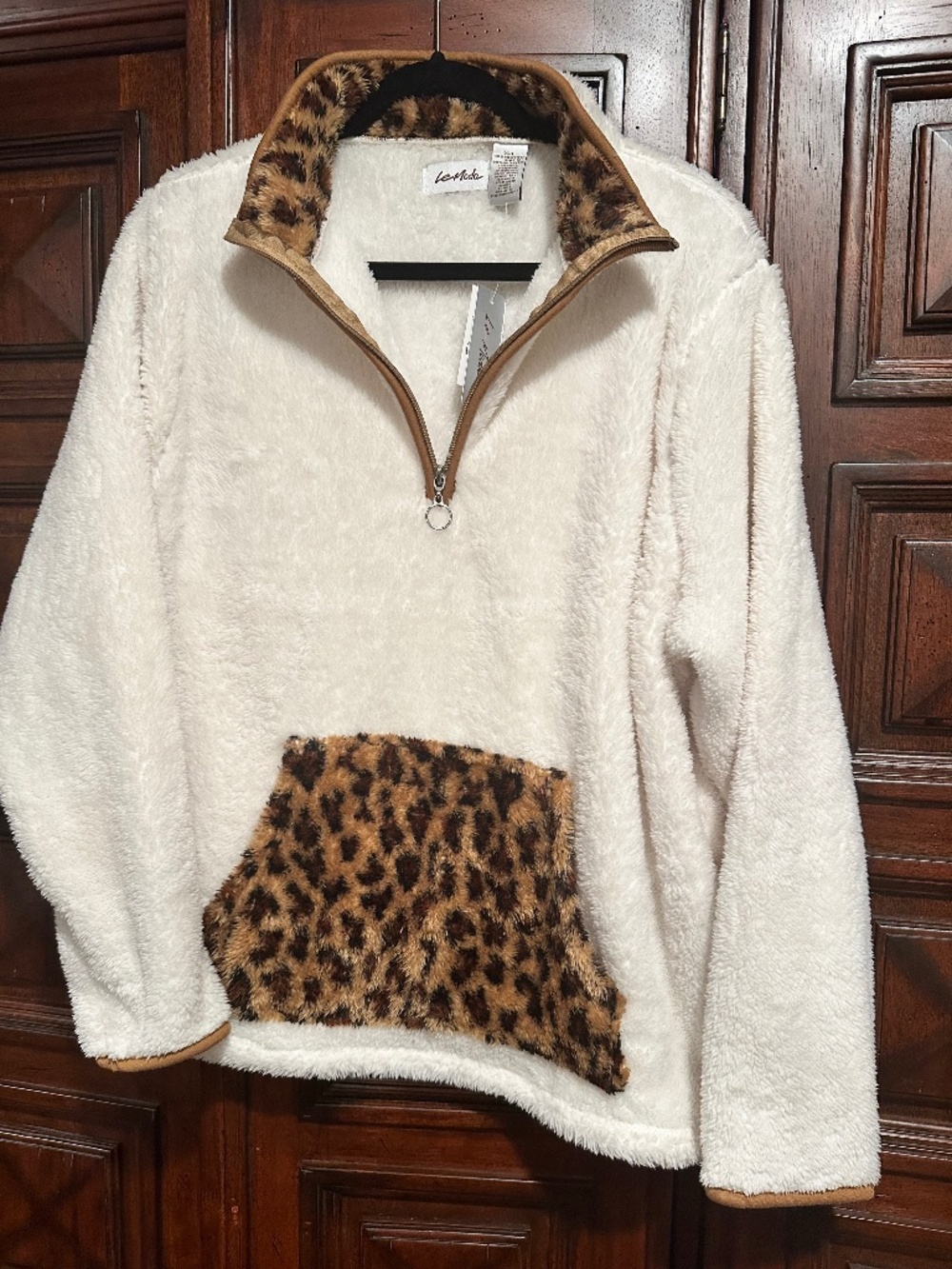 NWT XXL Teddy Bear Fleece 1/4 zip Pull over Jacket Leopard & Cream PLUSHY